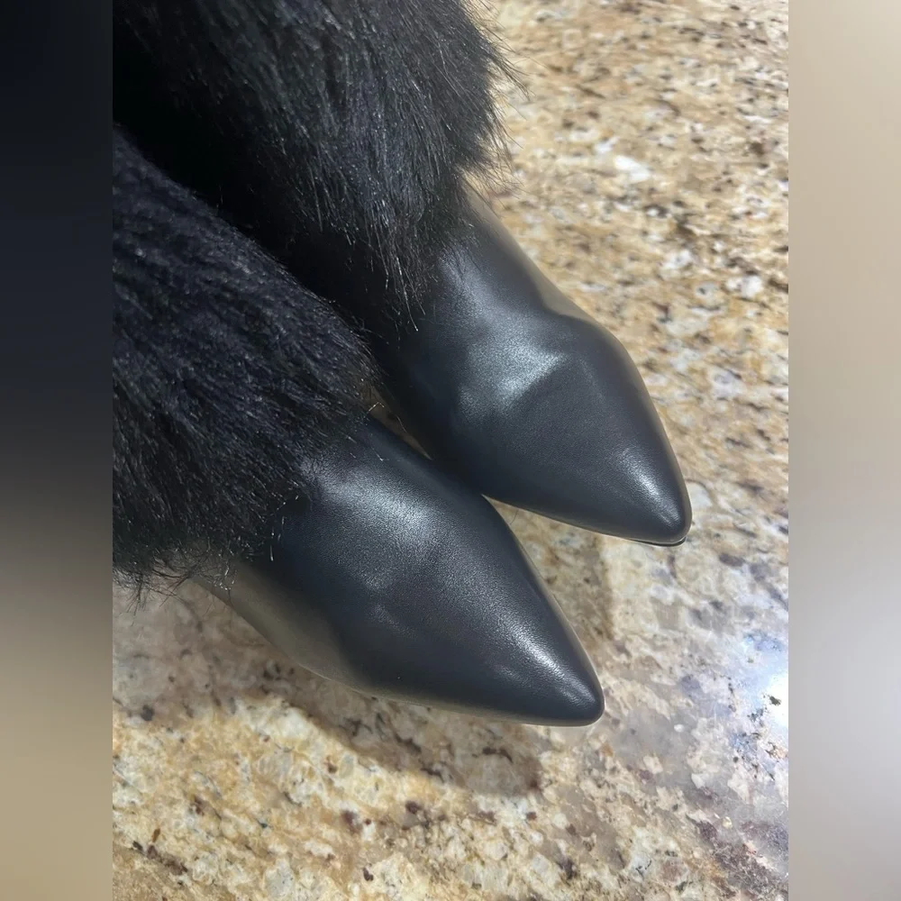 AZALEA WANG Langleye Black Faux Fur Over The Knee Stiletto Boots 6.5